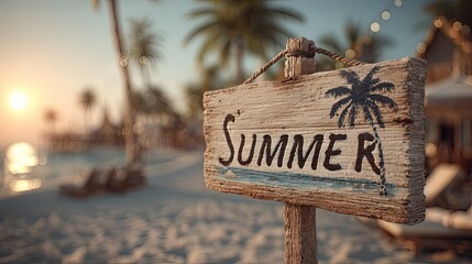 Summer vacation with sunset sign, travel holiday, beach scene, warm weather escape, tropical destination, fun