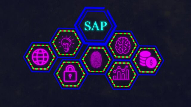SAP System Software Automation concept on virtual screen data center. Business, modern technology, internet and networking concept.
