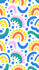 Rainbow Abstract Pattern: A vibrant and cheerful seamless pattern featuring playful abstract rainbows, dots, and organic shapes in a variety of cheerful colors.