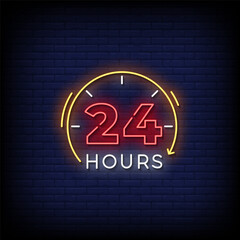 24 hours neon sign with brick wall background vector