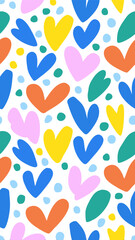 Colorful Hearts Pattern: A fun and vibrant vector pattern featuring an array of colorful hearts and polka dots, perfect for adding a touch of joy and playfulness to any design.