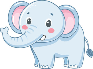 Cute cartoon elephant with big ears, pink cheeks, and a friendly expression, waving its trunk.