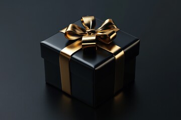 Elegant 3D black gift box topped with glossy gold bow on dark black background, festive occasion