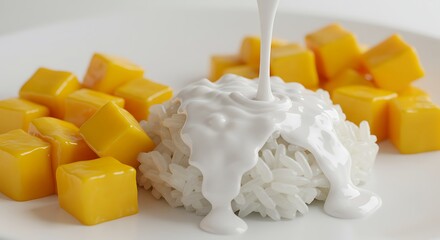 Sweet Sticky Rice with Mango: Creamy Coconut Milk Pouring