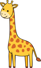 A cartoon giraffe stands tall, featuring a long neck and brown spots on its yellow body.