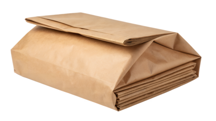 A close up of a closed brown paper bag with folded top edges on transparent background