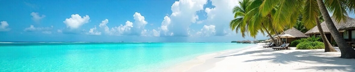 Fototapeta premium Idyllic Maldives Beach Turquoise Water Laps Pristine White Sand, Palm Trees Sway Gently in a Tropical Breeze, Creating a Postcard-Perfect Island Paradise Scene