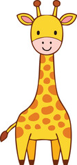 Cartoon illustration of a cute, smiling giraffe with brown spots, standing on white background.