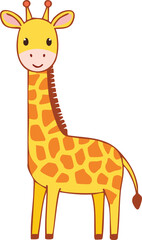 Cartoon giraffe standing, featuring yellow and orange spots, with a simple, smiling face.