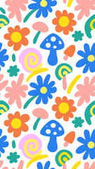 Floral Wonderland: A vibrant and colorful digital illustration, featuring a playful arrangement of flowers, mushrooms, and snails, set against a clean background