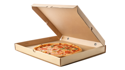 Fresh pizza with pepperoni in an open cardboard delivery box on transparent background