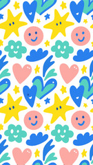 Happy Pattern: A cheerful seamless pattern featuring hearts, stars, clouds and smiling faces in vibrant pastel colors. Perfect for kids' projects, social media content.