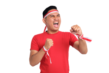 Excited young Asian men celebrate Indonesian independence day on 17 August by raising fists isolated on transparent background