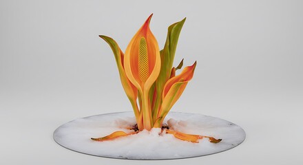 Vibrant Orange Skunk Cabbage in Winter: Minimalist Botanical Still Life