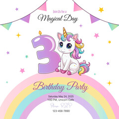An invitation to a birthday party. Cute unicorn with the number 3. Vector illustration.