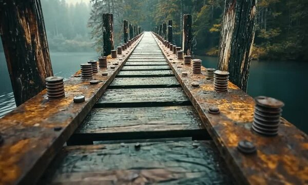 Abandoned rusted railway track stretching across a forested bridge over water evoking adventure, travel, exploration, or urban decay themes, 4K high resolution video