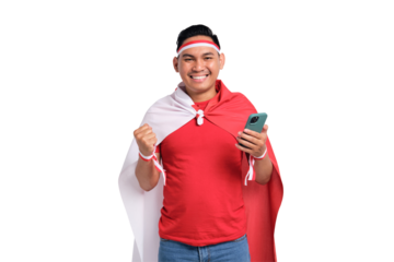 Excited young Asian men celebrate Indonesian independence day on 17 August while holding mobile phone isolated on transparent background