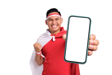 Excited young Asian men celebrate Indonesian independence day on 17 August while holding smartphone with blank screen isolated on transparent background