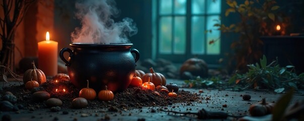 Bubbling Cauldron Spooky Halloween Witchcraft Scene with Flickering Candlelight and Ominous Shadows