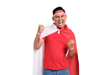 Excited young Asian men with Indonesian flags to celebrate Indonesian independence day on 17 August isolated on transparent background