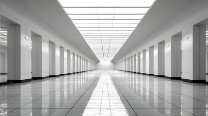Perspective view of a bright white architectural hall with symmetrical columns and reflective floor