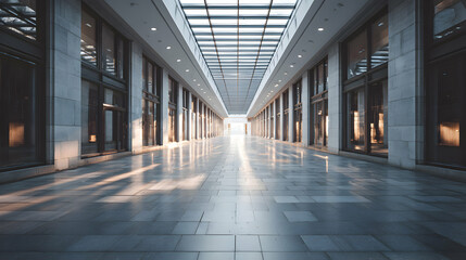 A modern interior hall featuring geometric patterns of light and shadow on the marble floor, spacious and elegant