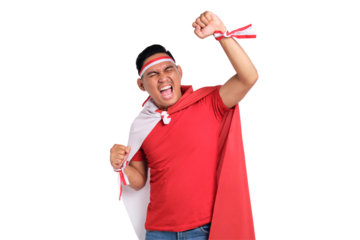 Excited young Asian men with Indonesian flags to celebrate Indonesian independence day on 17 August isolated on transparent background