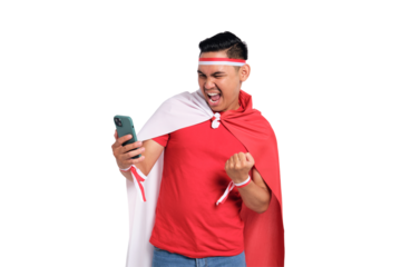 Excited young Asian men celebrate Indonesian independence day on 17 August while looking at cellphone screens isolated on transparent background