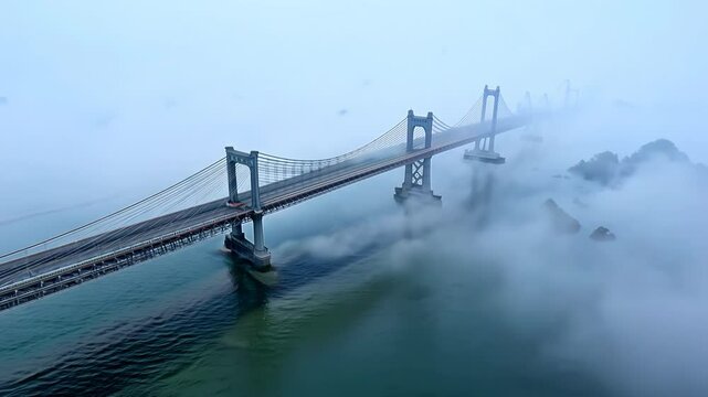 Bridge over the river in morning fog. Abstract suspension bridge on natural landscape with aerial view
