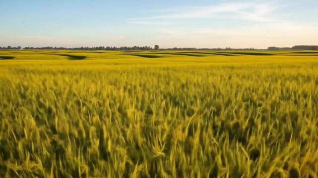 Golden barley field gently swaying under a vast, serene sky
