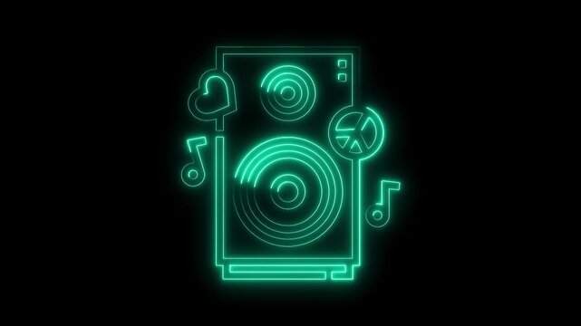 Neon speaker with heart,peace sign,and music notes on a dark background