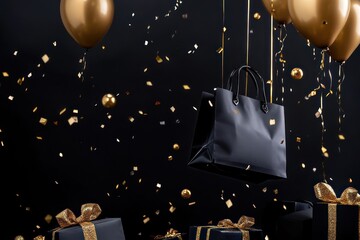 Dark luxury sale concept, golden balloons and floating confetti surrounding black bags and presents