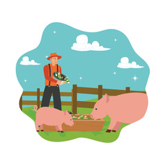 Farmer, rancher man feeding pig with vegetables.