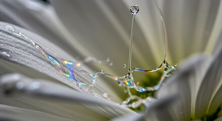 Water Droplet Splash on White Flower: Iridescent Macro Photography