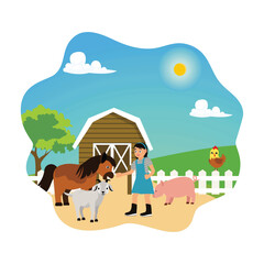 Happy cute kid girl feeding farm animals.
