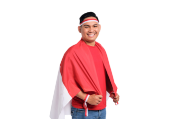 Smiling young Asian men with Indonesian flags to celebrate Indonesian independence day on 17 August isolated on transparent background