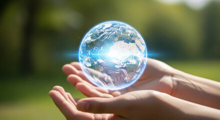 Empowering Action for Global Sustainability Hands Holding a Glowing Earth Nature Scene Outdoor Environment Close-Up Perspective Environmental Awareness Concept