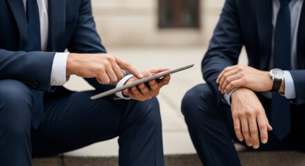 Business Meeting Discussion Urban Environment Digital Device Usage Professional Setting Close-Up Viewpoint Collaboration Concept for Effective Communication
