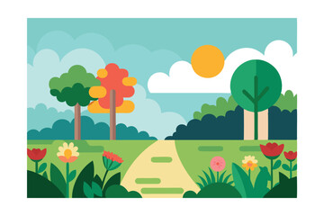 Obraz premium Vibrant Spring Landscape A Pathway Through Blooming Meadows and Lush Trees