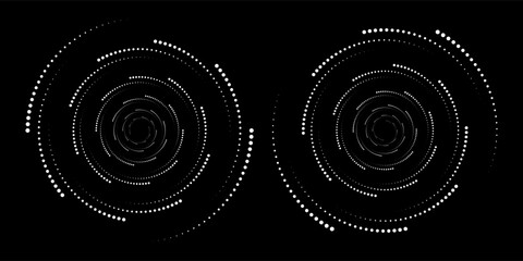 Abstract background in circle shape with dynamic halftone dots like arrows. same white shape on black side.