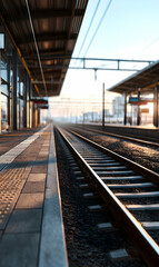 Obraz premium Railway journey beckons as the sun rises illuminating the platform and tracks promising travel adventure through serene mornings