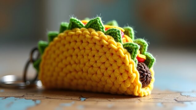 3d crochet keychain of Taco Bell's mascot, Taco, featuring meticulously crafted lettuce leaves with delicate green veins and velvety soft cheese details, with a subtle sheen to mimic the real thing