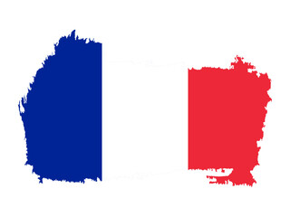 French blue, white, and red tricolor flag in rugged country-shaped brush silhouette for design and identity themes.