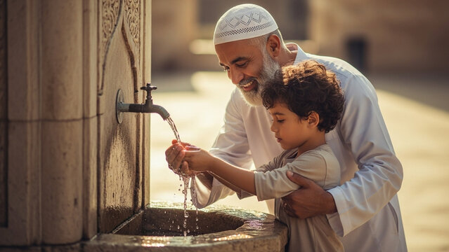 Caring Father Helps Son Wash Hands at Classic Fountain During Sunset, Symbolizing Hygiene Education and Gentle Parenting Values