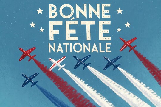 French national day celebration with airplanes and colorful smoke trails