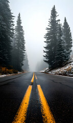 Naklejka premium A scenic drive through the mountains with majestic trees lining the highway on a foggy morning creating an inviting natural passage