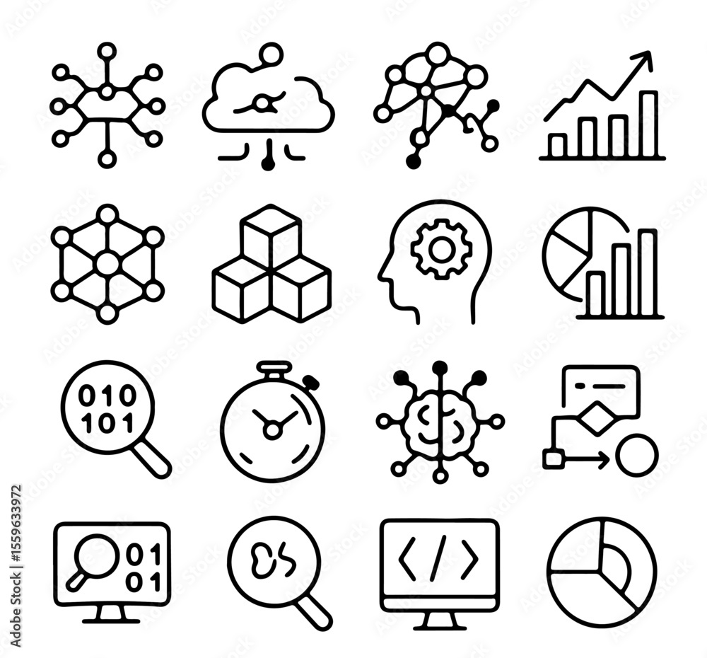Poster a visual collection of data icons representing interconnected networks, cloud computing, and analyti