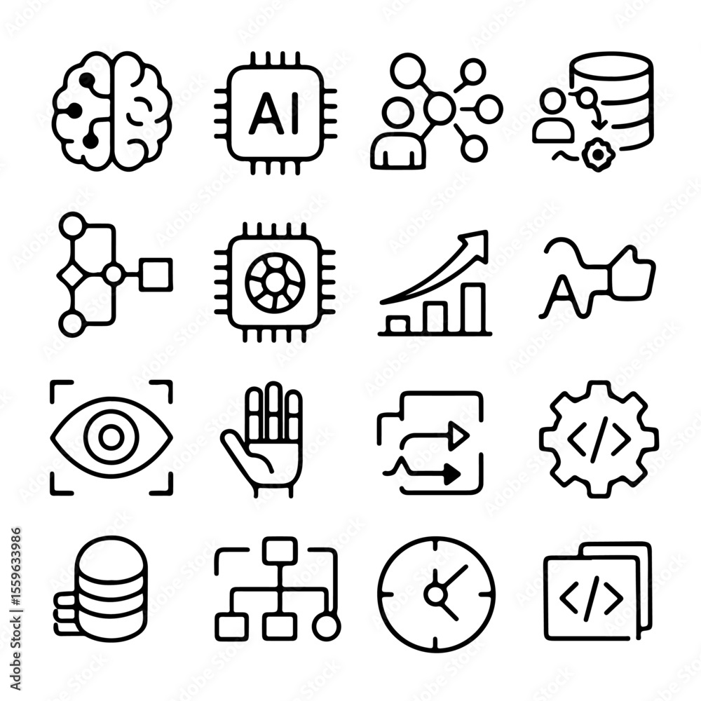 Poster ai icons collection set representing various concepts of modern artificial intelligence technology i
