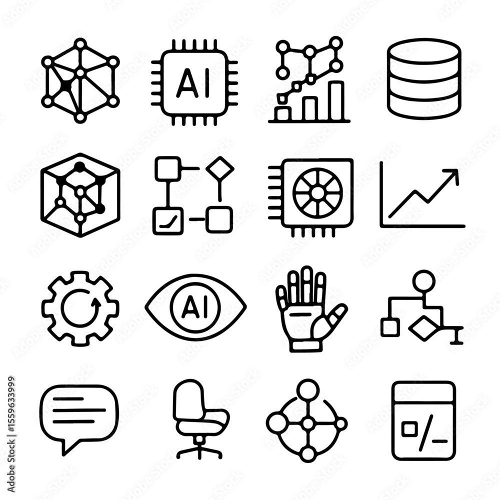 Poster intricate icons of artificial intelligence and technology, representing a comprehensive array of fut