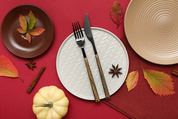 Beautiful table setting with fresh pumpkin, star anise, cinnamon and autumn leaves on red background